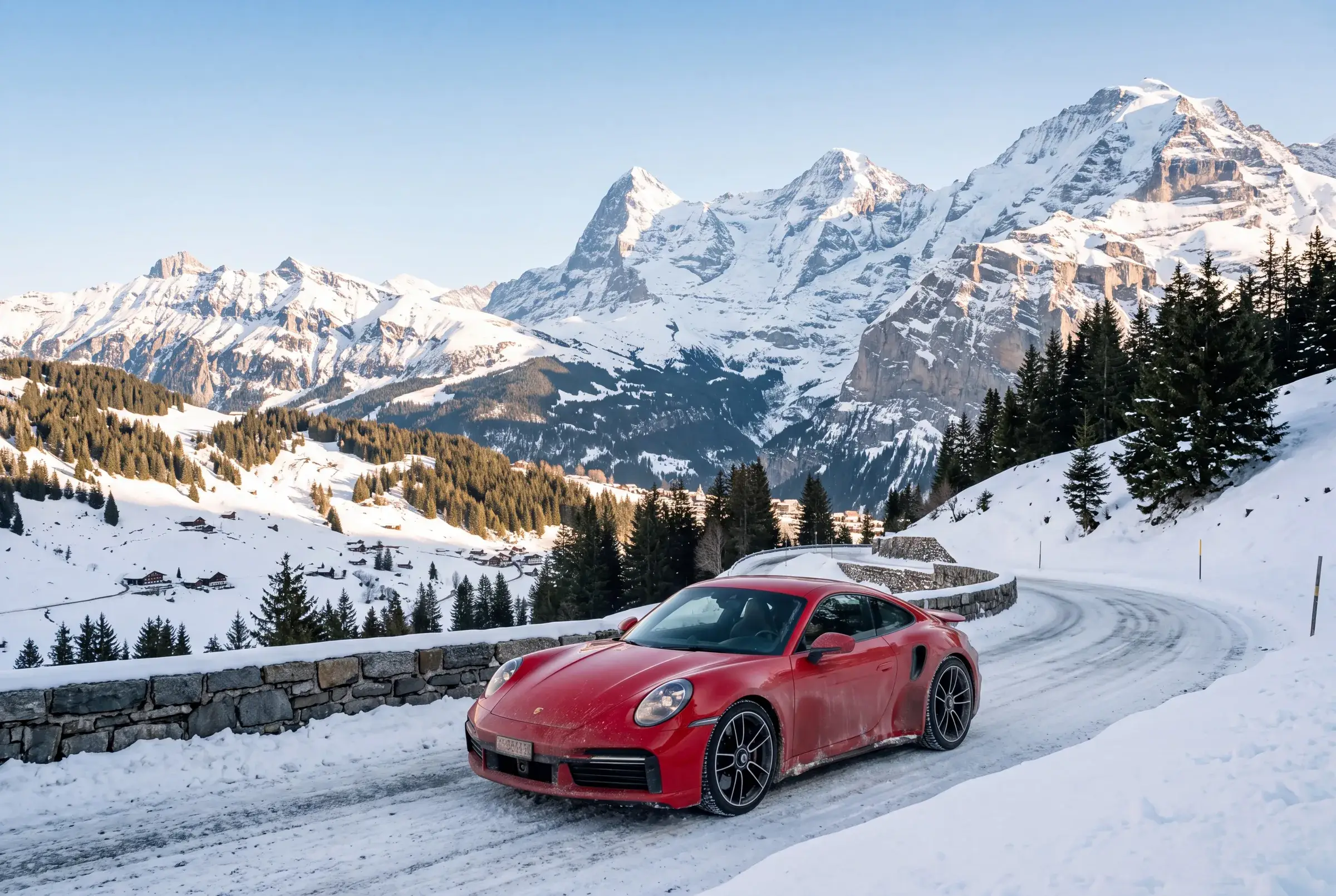 Red 911 on a snowed alpine pass