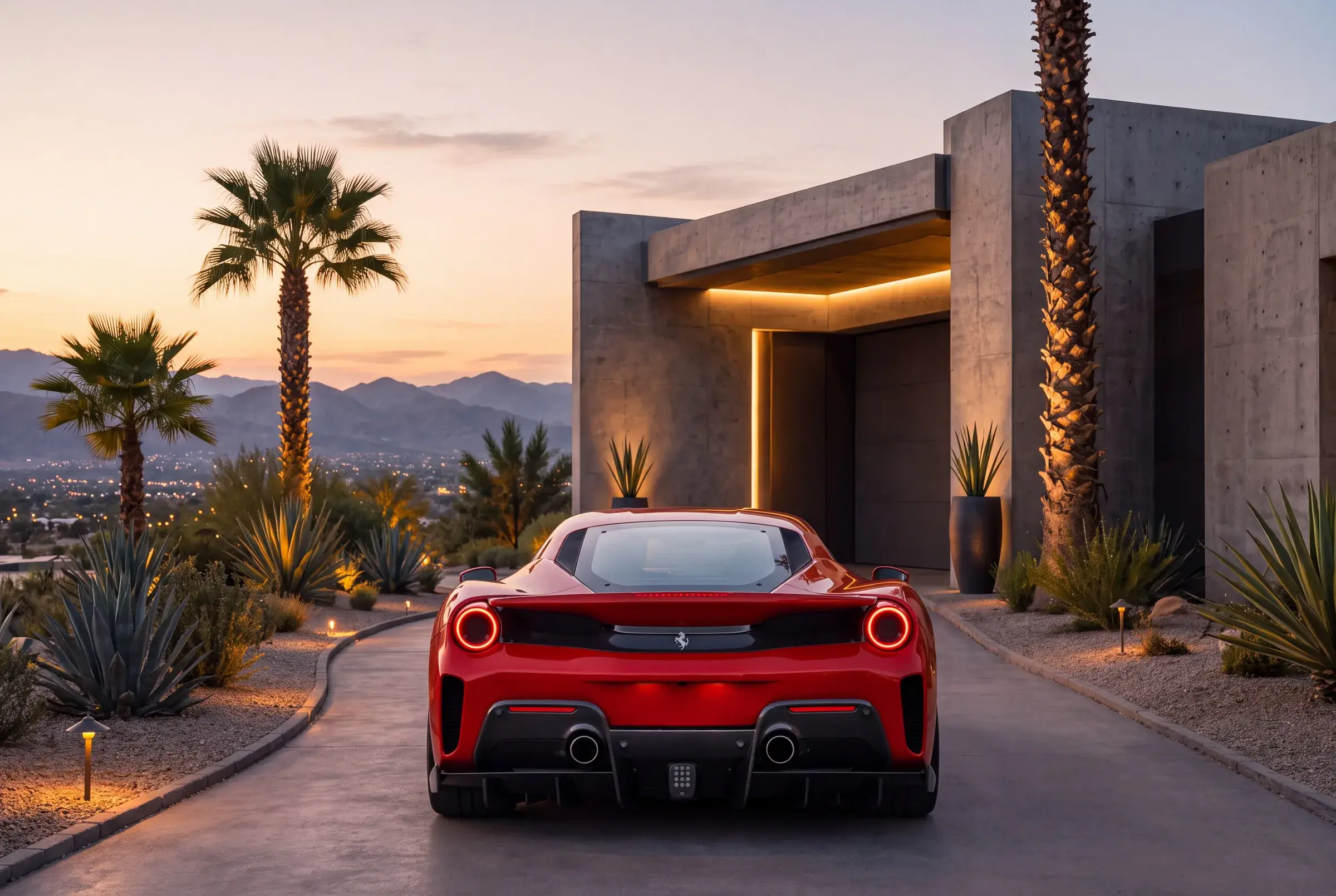 Red mid-engined Ferrari at a brutalist house with palms