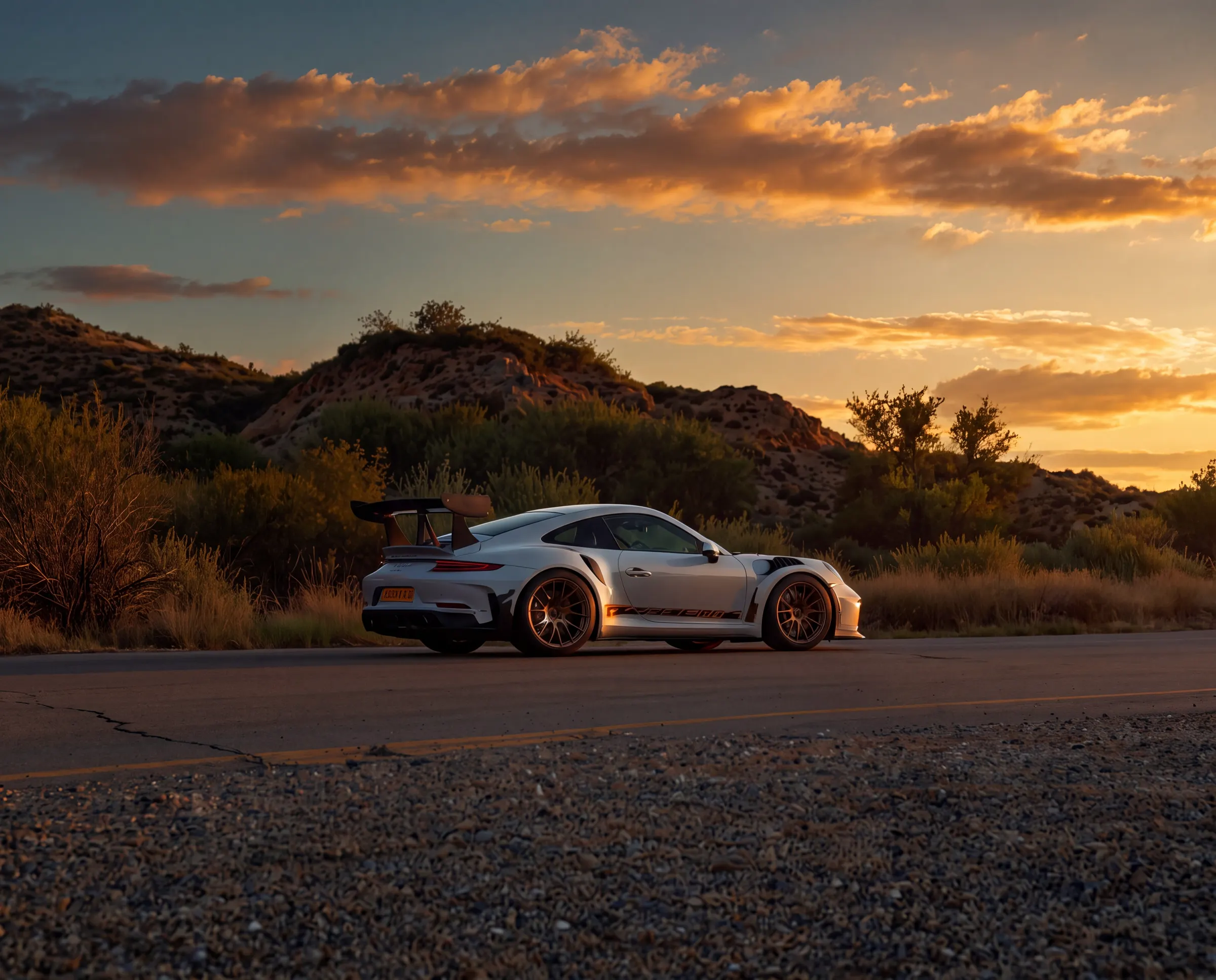 White 911 GT3 RS parked roadside in the desert at sunset
