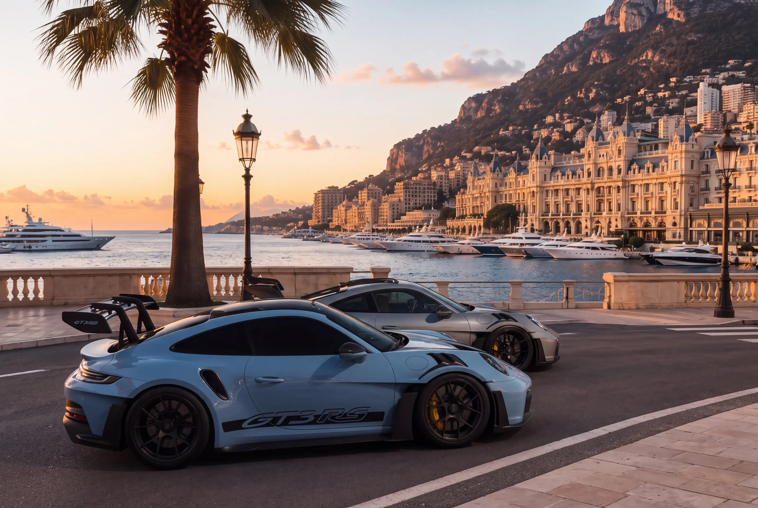 Two Porsche GT3 RS parked on the harbour front in Monaco at dusk