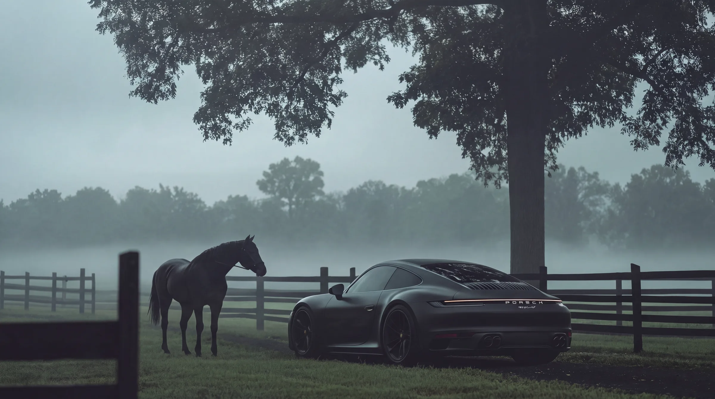 A horse and a parked car in morning fog