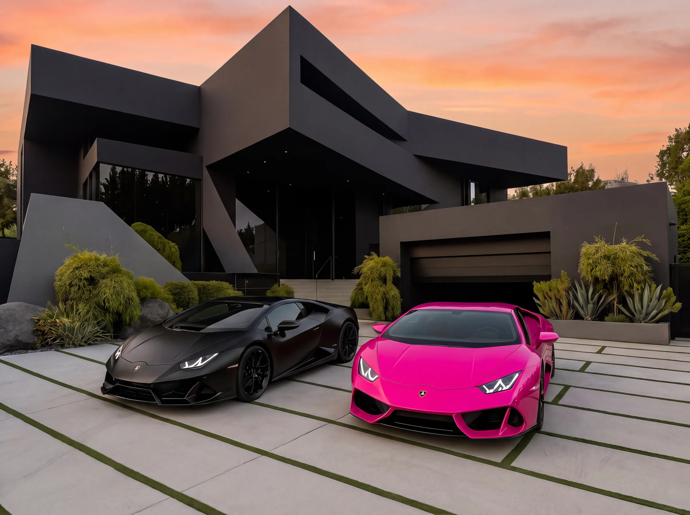Two Huracáns outside a black angular house