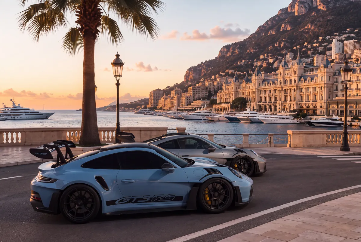 Two 911 GT3 RS on the harbour front in Monaco