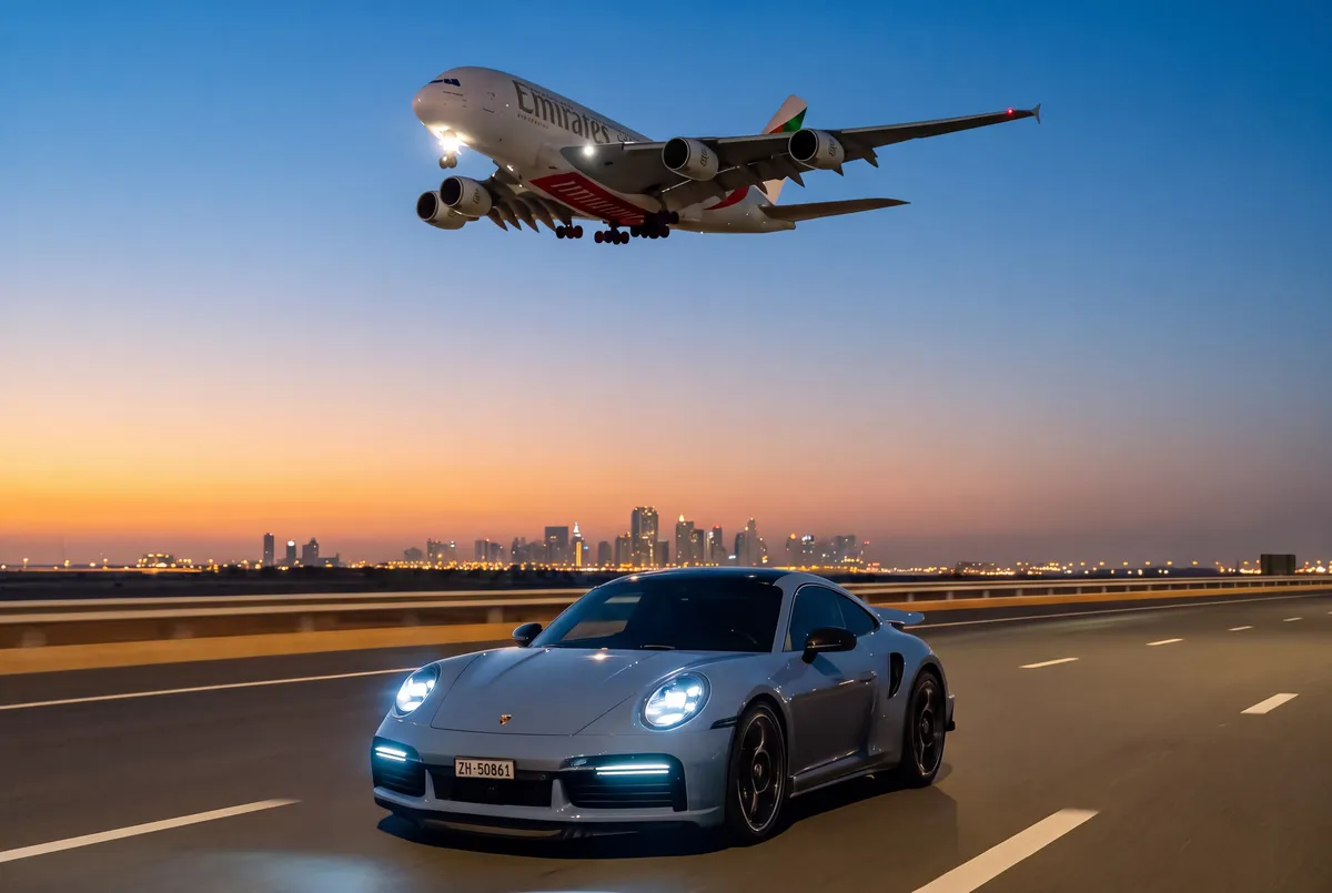 Blue 911 Turbo S on a runway beside an A380