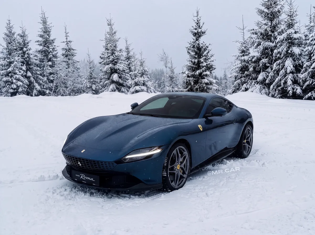 Blue Ferrari parked in snow among pines