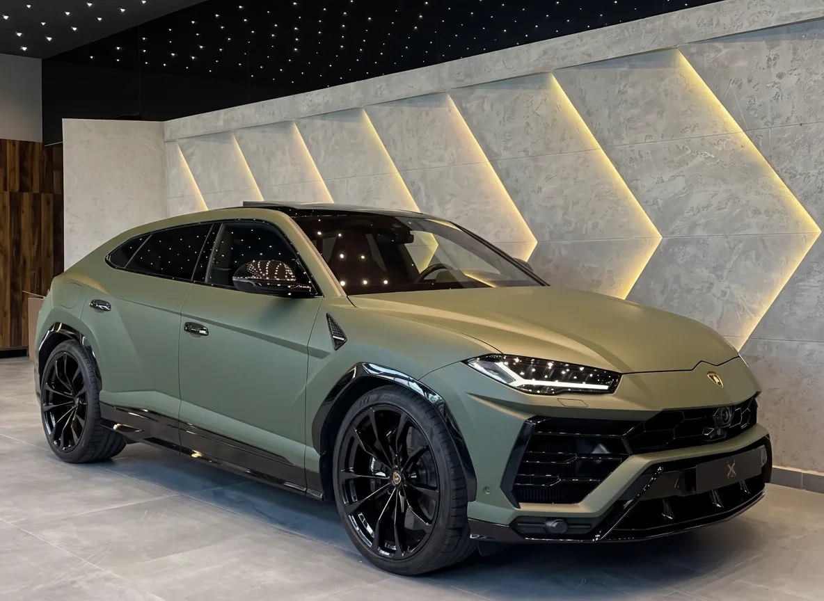 Olive Urus in a lit showroom